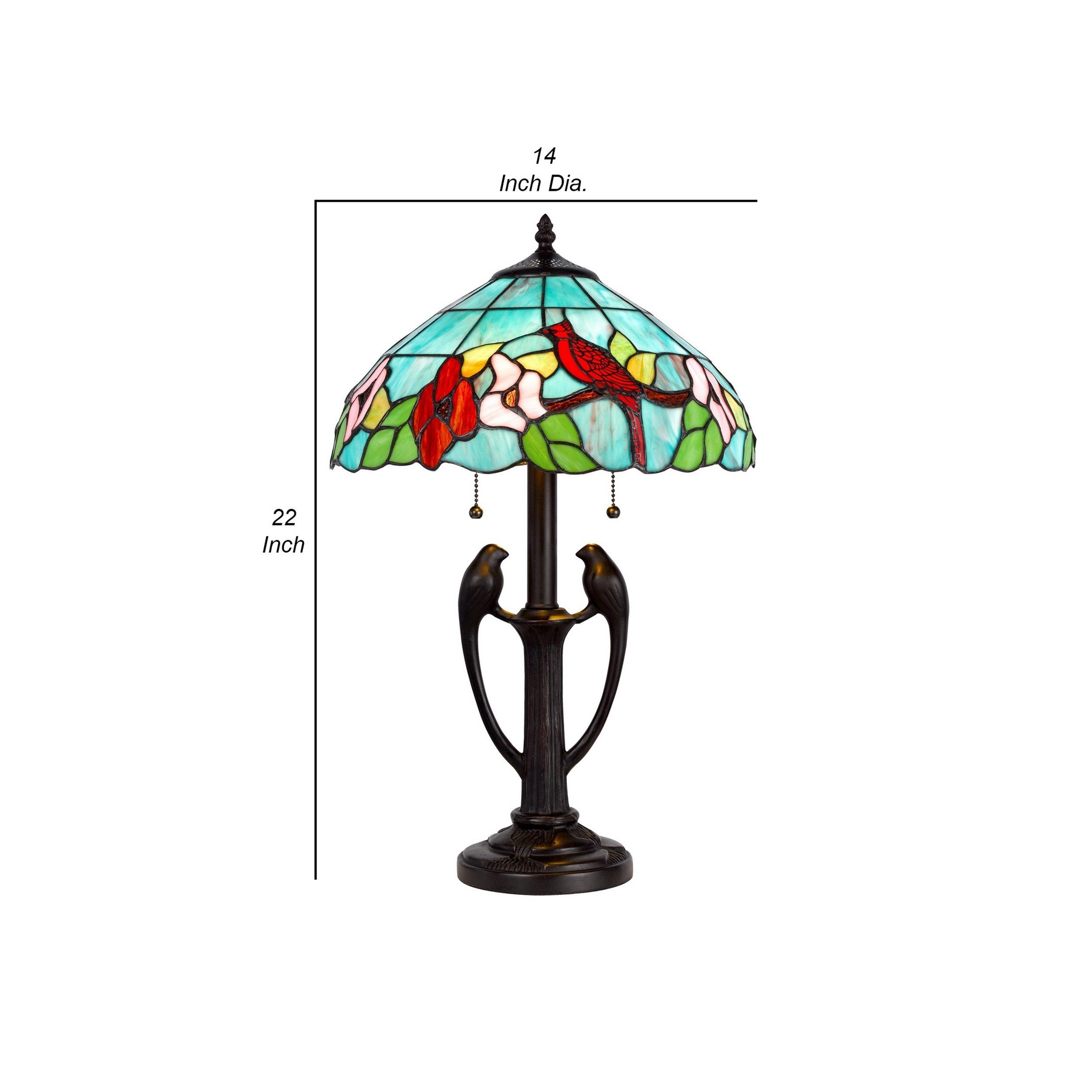 22 Inch Classic Antique Table Lamp, Bird Art Stained Glass Shade -Antique Bronze