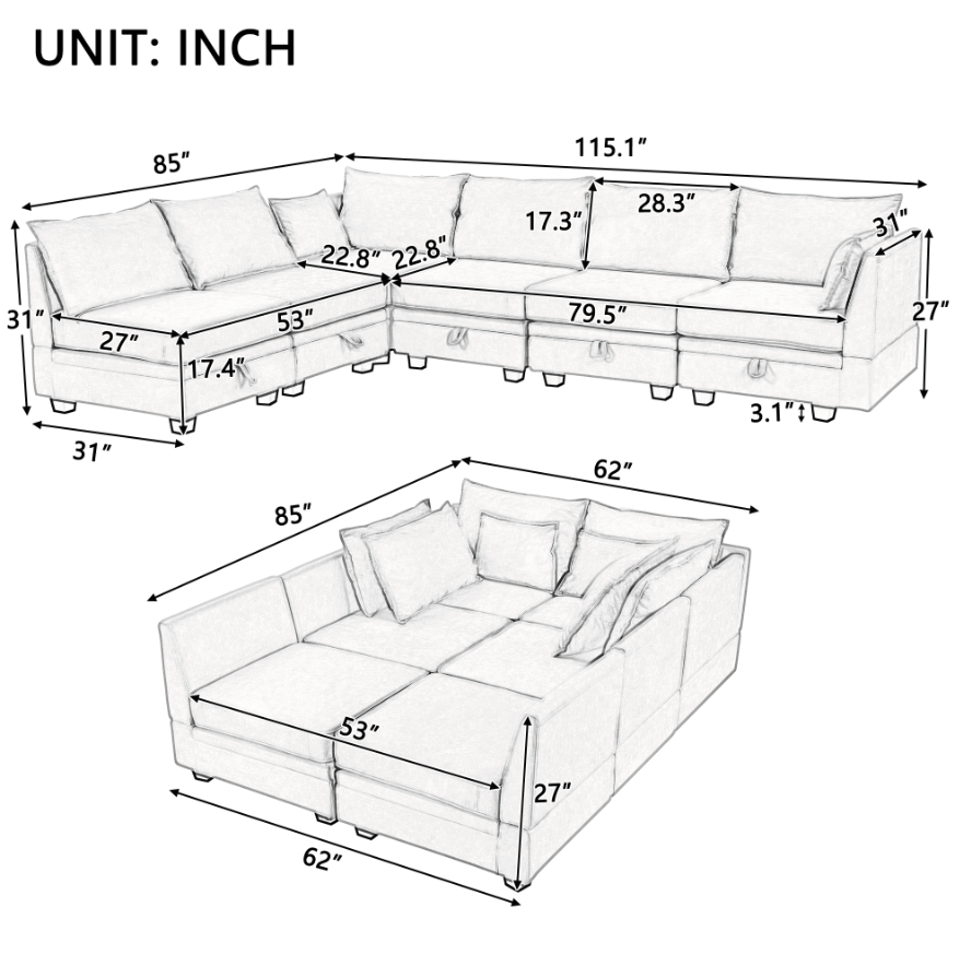 Modern Large U-Shape Modular Sectional Sofa, Convertible Sofa Bed with Reversible Chaise