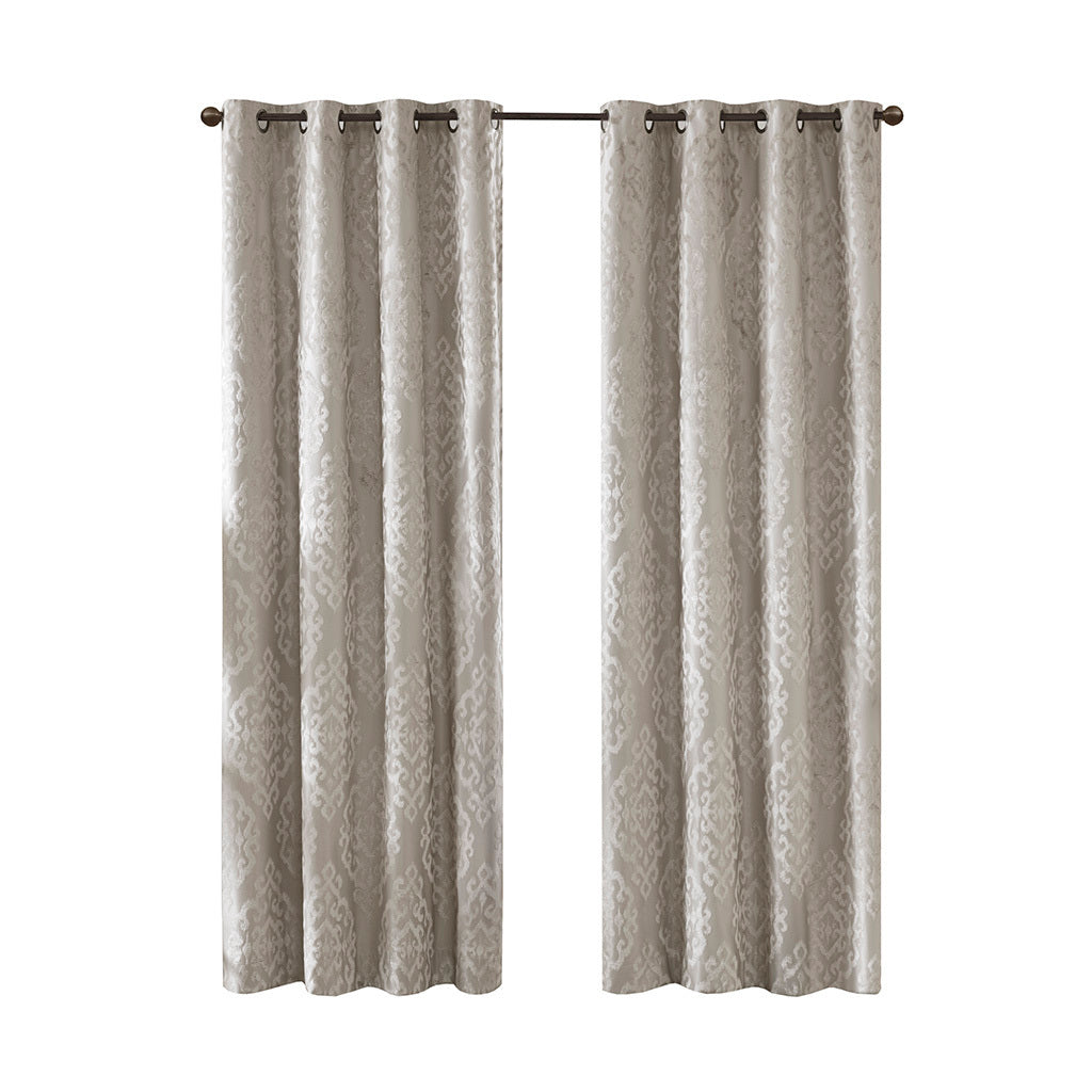 Knitted Jacquard Damask Total Blackout Grommet Top Curtain Panel - Silver