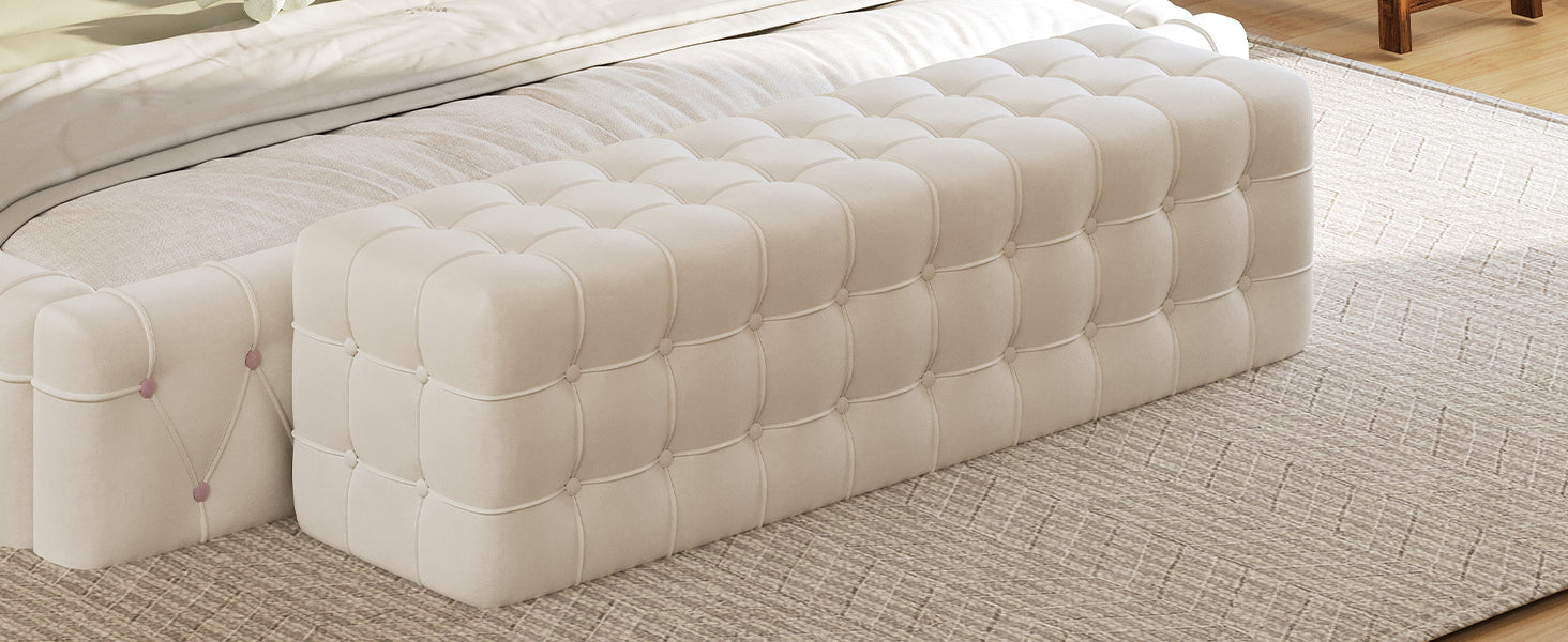 Elegant and Luxurious Velvet Ottoman Bench, Rectangular Footstool, No Assembly Required - White