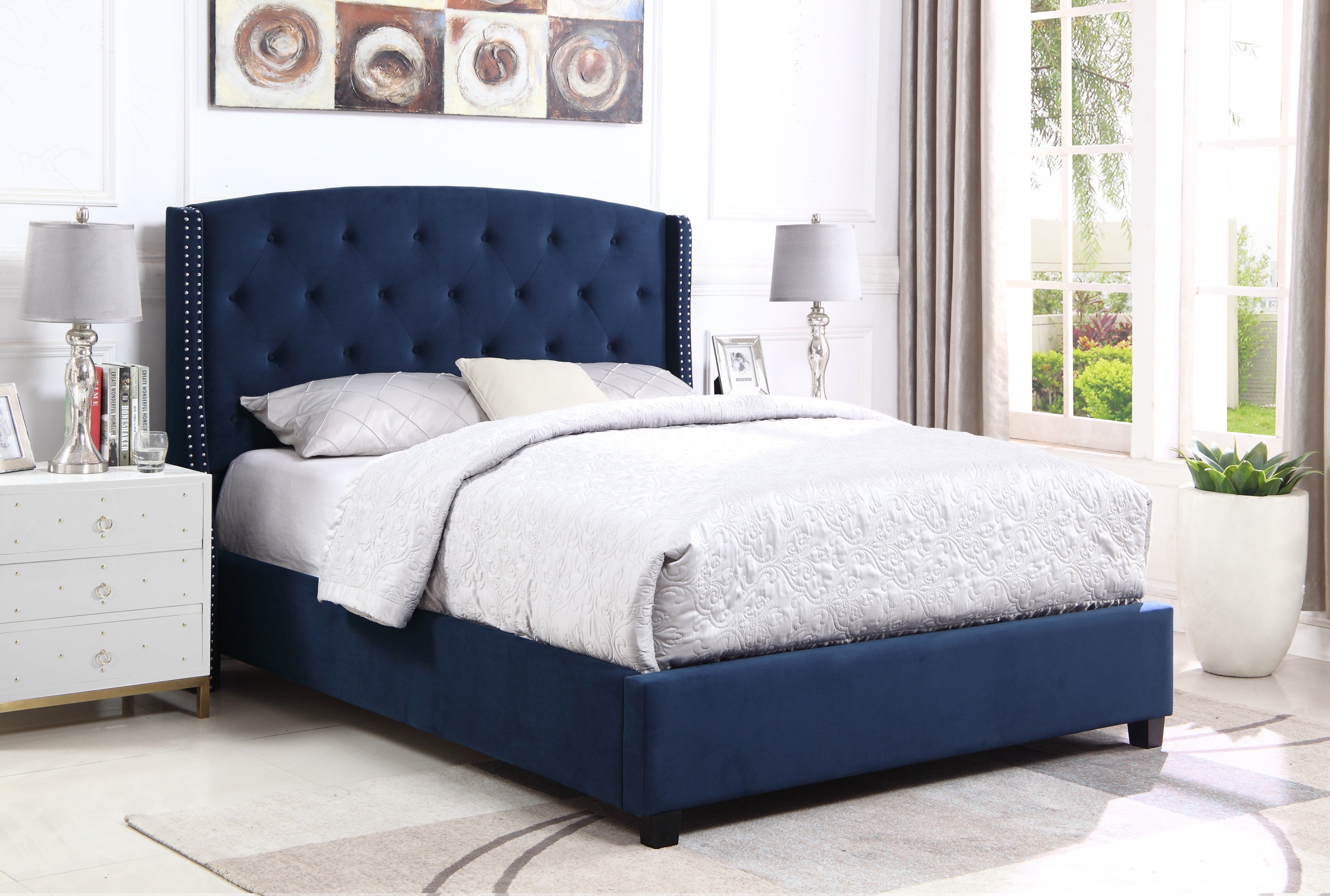 Queen Size Summit Fabric Button Tufted Wingback Upholstered Bed with Nail Head Trim, Blue