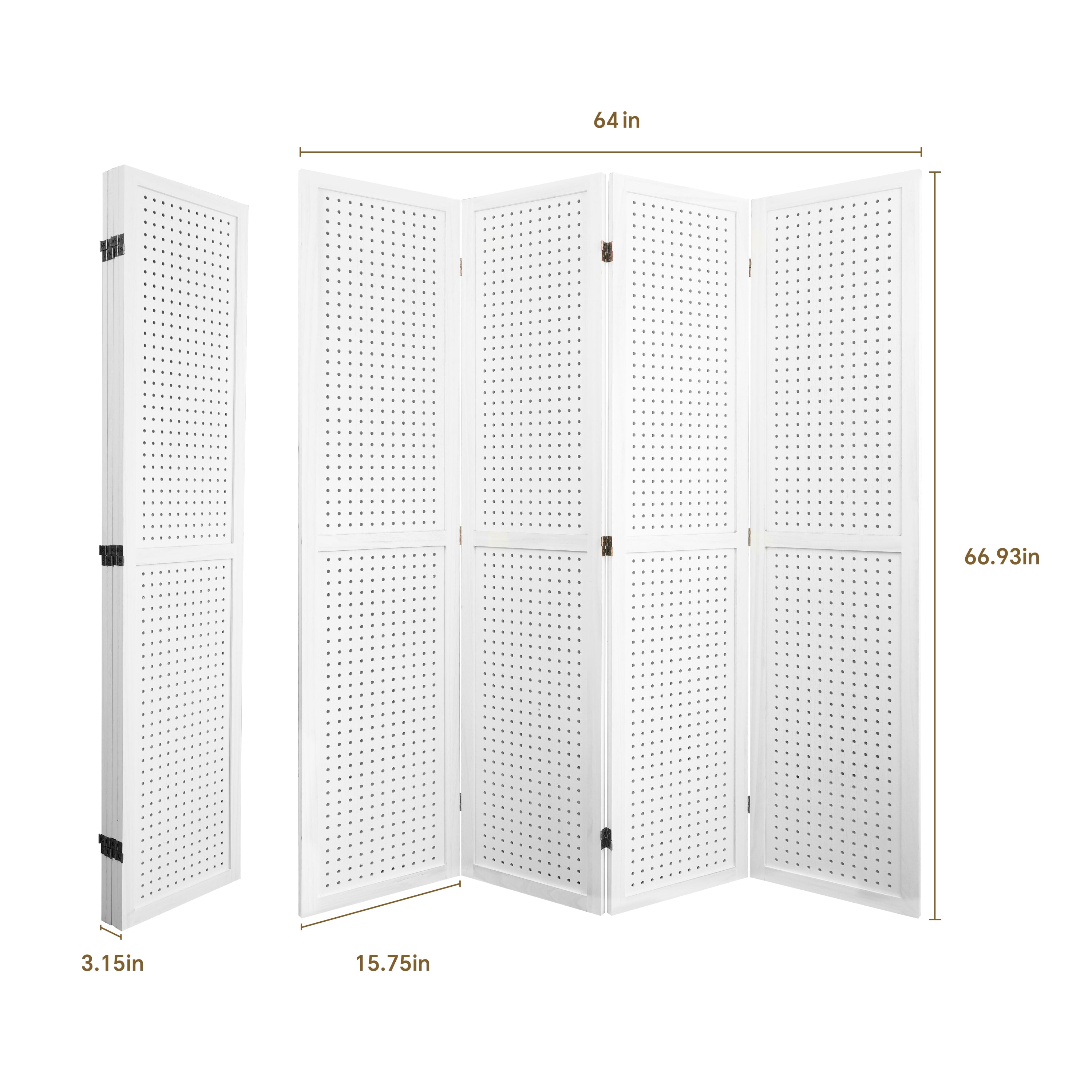 4 Panel Room Divider, 5.6Ft Pegboard Display Wooden Room Divider Folding Privacy Screen Room Divider - Elegant White