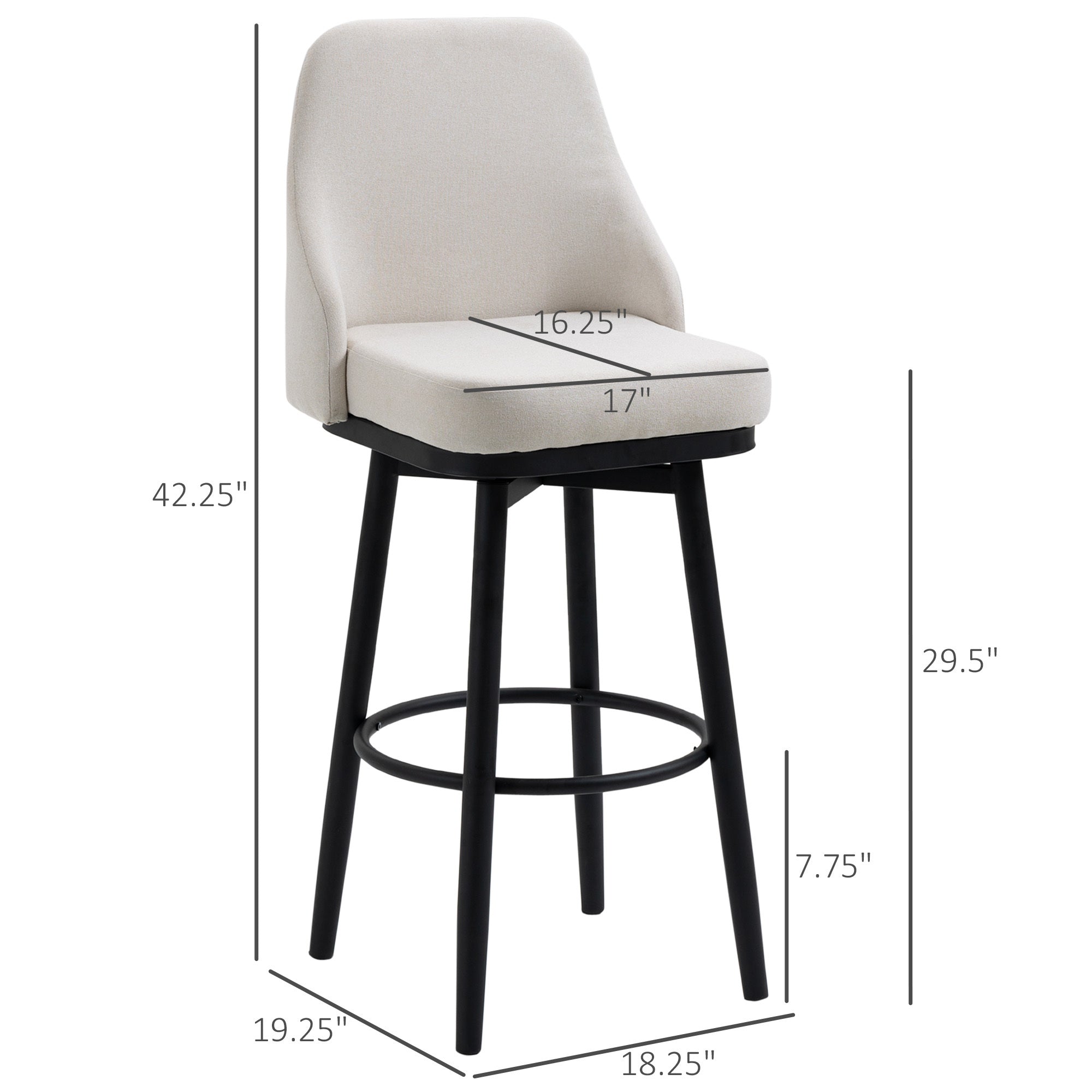 Set of 2 Bar Height Bar Stools, 360° Swivel, 29.5 Inch Seat Height with Steel Legs and Footrest - Cream White