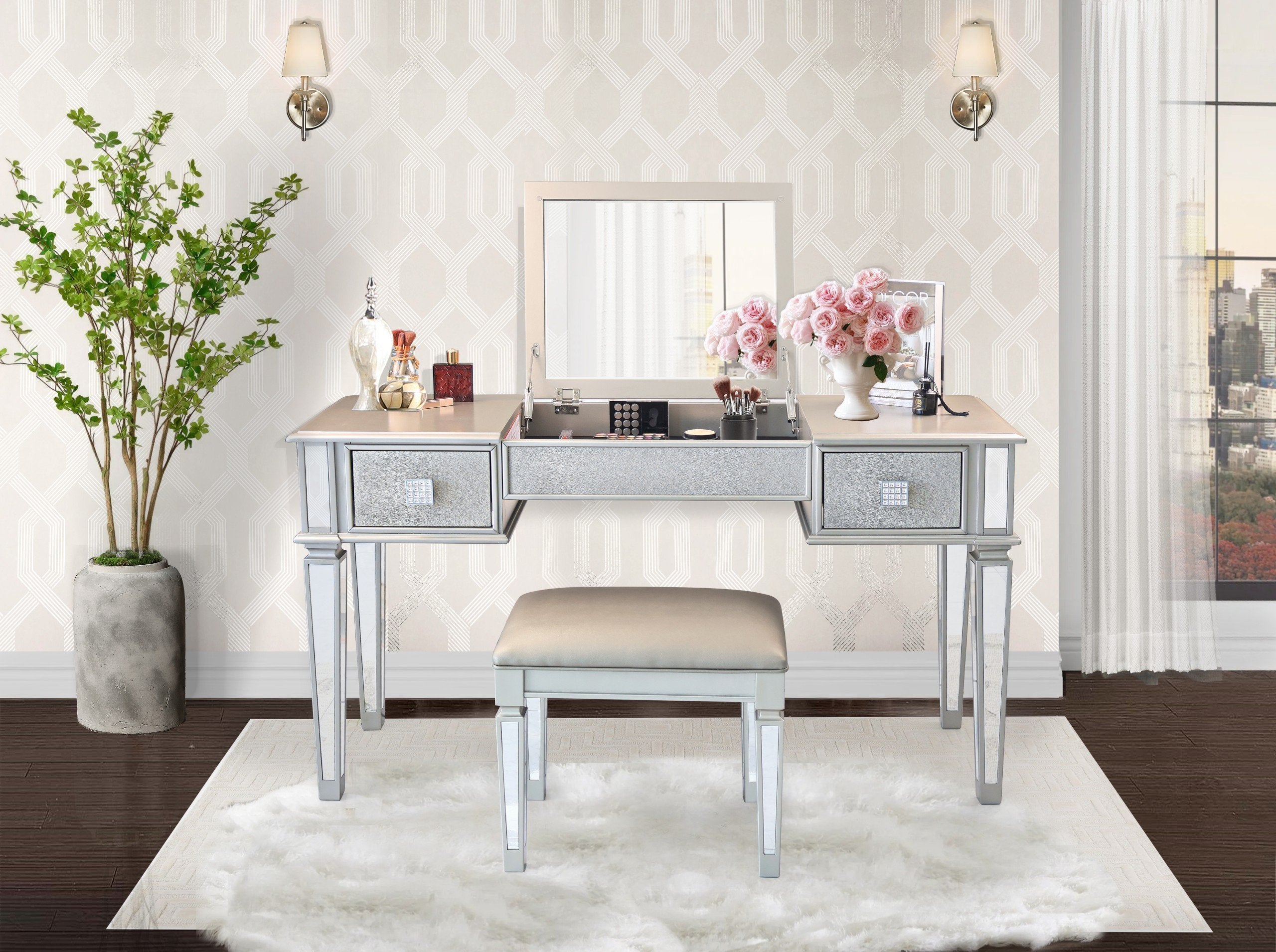 Mirrored Vanities Desk with Drawers, Bedroom Makeup Vanity Table Set with Mirror and Stool - Silver