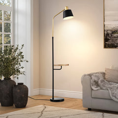 Real Marble Floor Lamp with Wood Bedside Nightstand End Table and Built-in USB Charging Port - Matte Gold + Matte Black