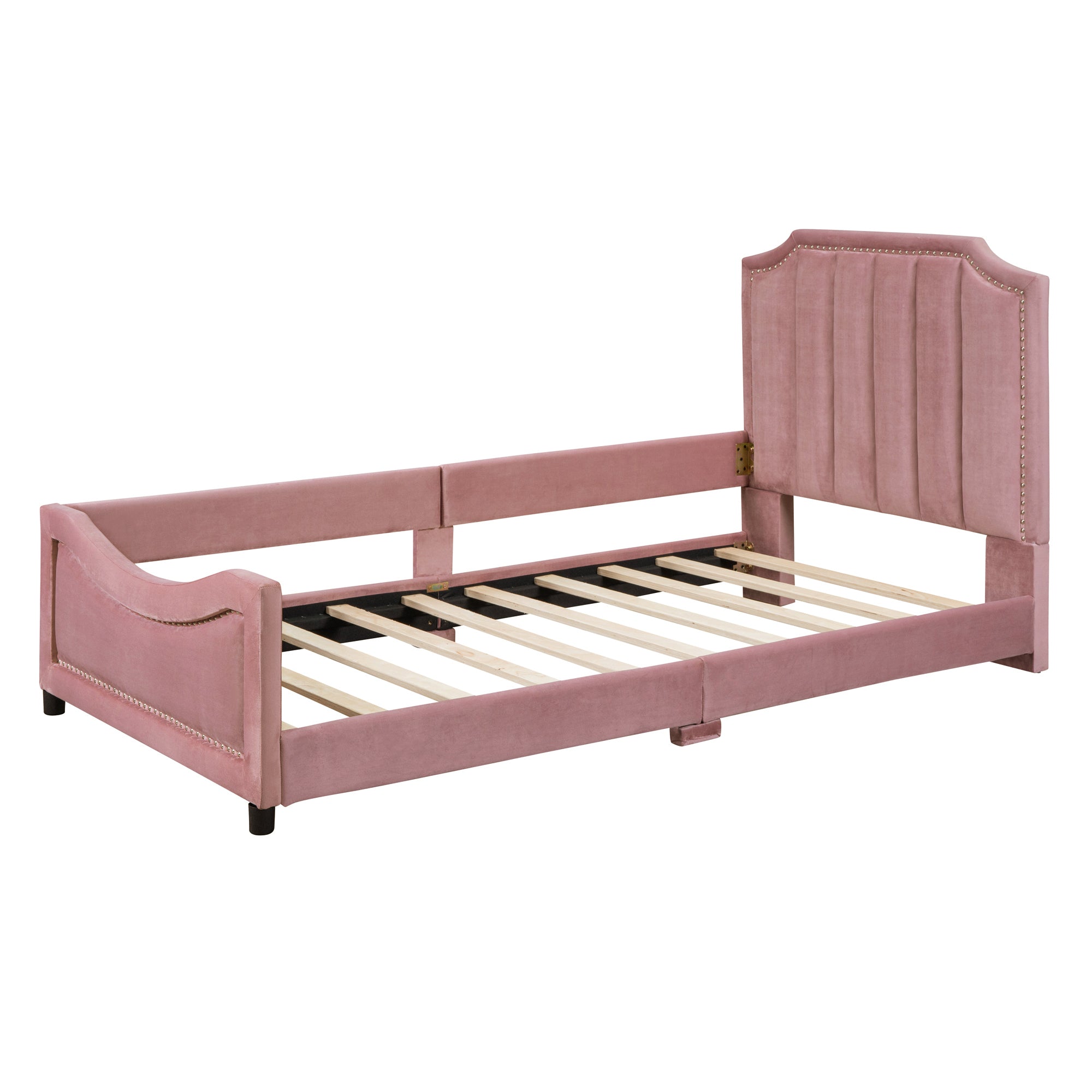 Twin Size Upholstered Daybed with Classic Stripe Shaped  Headboard - Pink