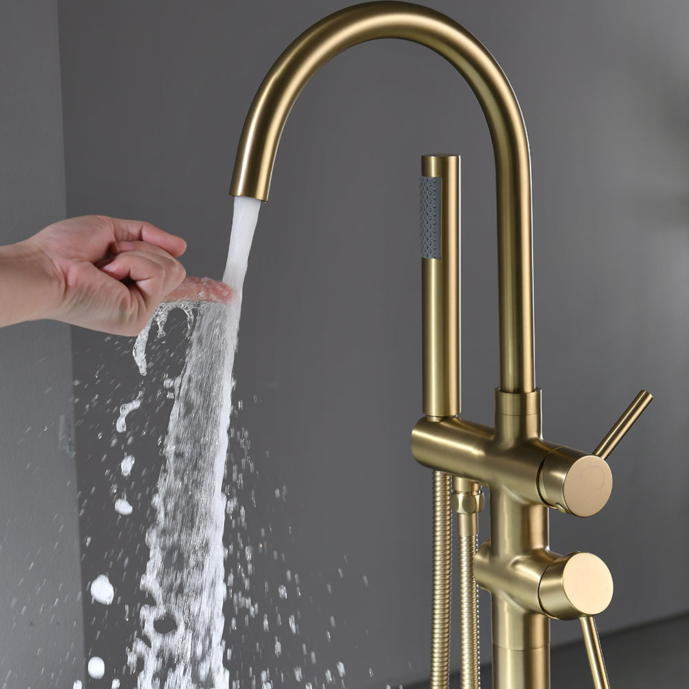 Single Handle Freestanding Tub Filler Floor Mount Bathtub Faucet with Handheld Shower - Brushed Gold