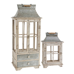 Wooden Candle Lantern Decorative (Set of 2) - Ivory