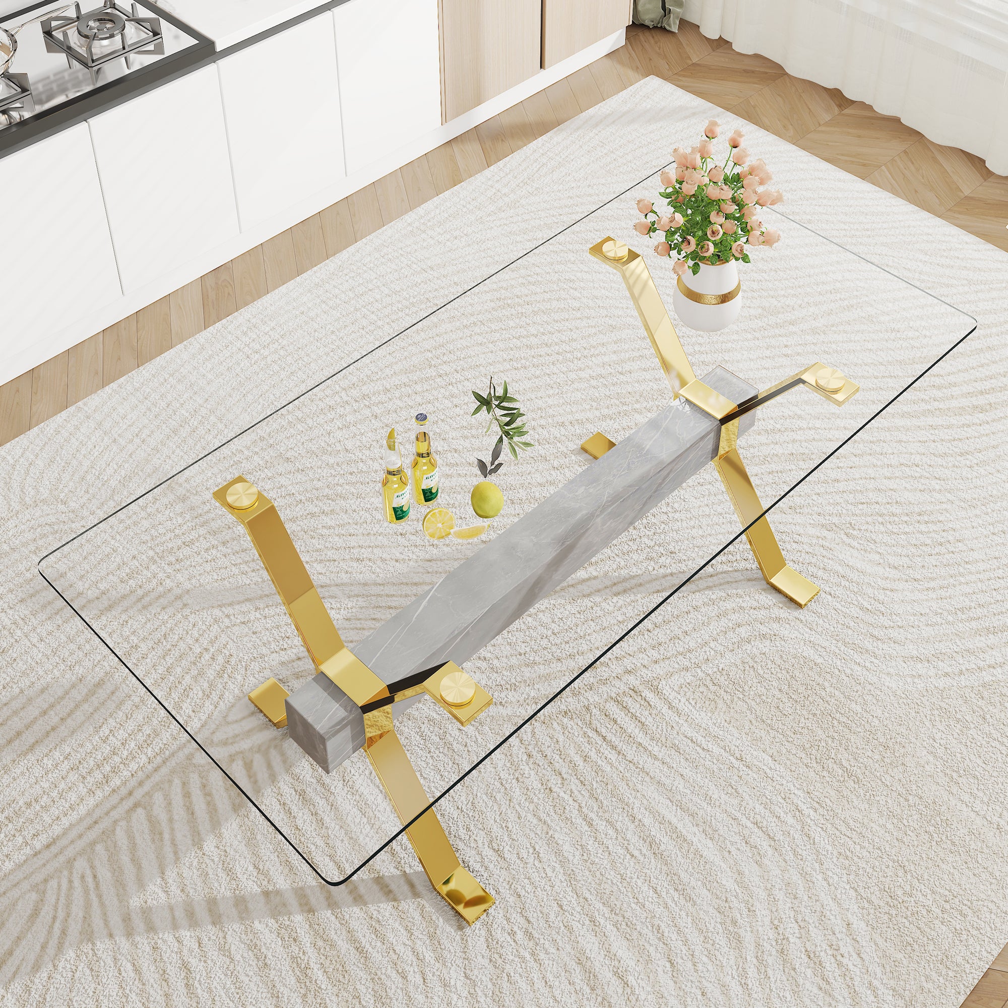 Modern Tempered Glass Dining Table - Transparent with Gold Plated Metal Legs (no chairs included))