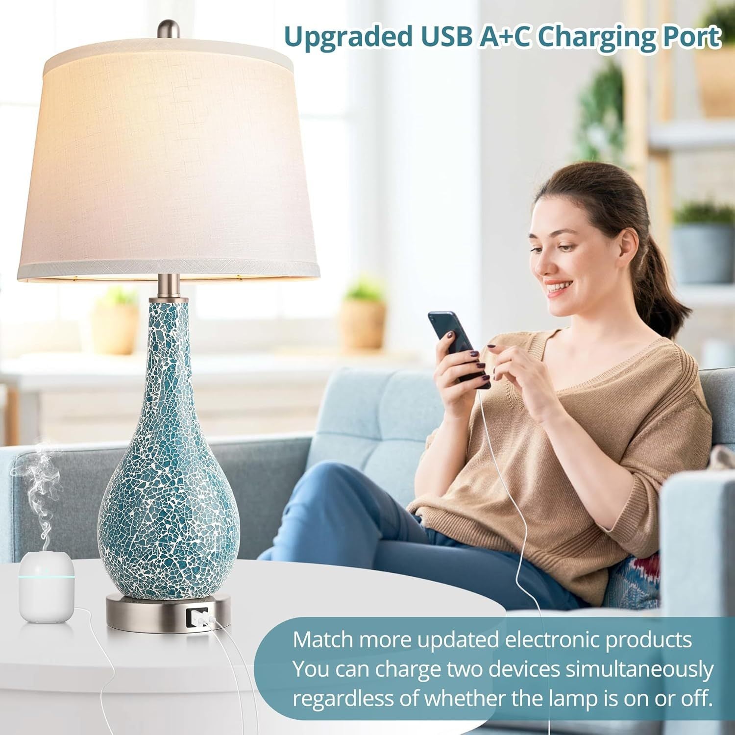 Set of 2, Modern Bedside Lamp with USB A+C Ports, 26" Coastal Large Nightstand Lamp White Shade Living Room Lamps for Home Decor, LED Bulb Included - Blue