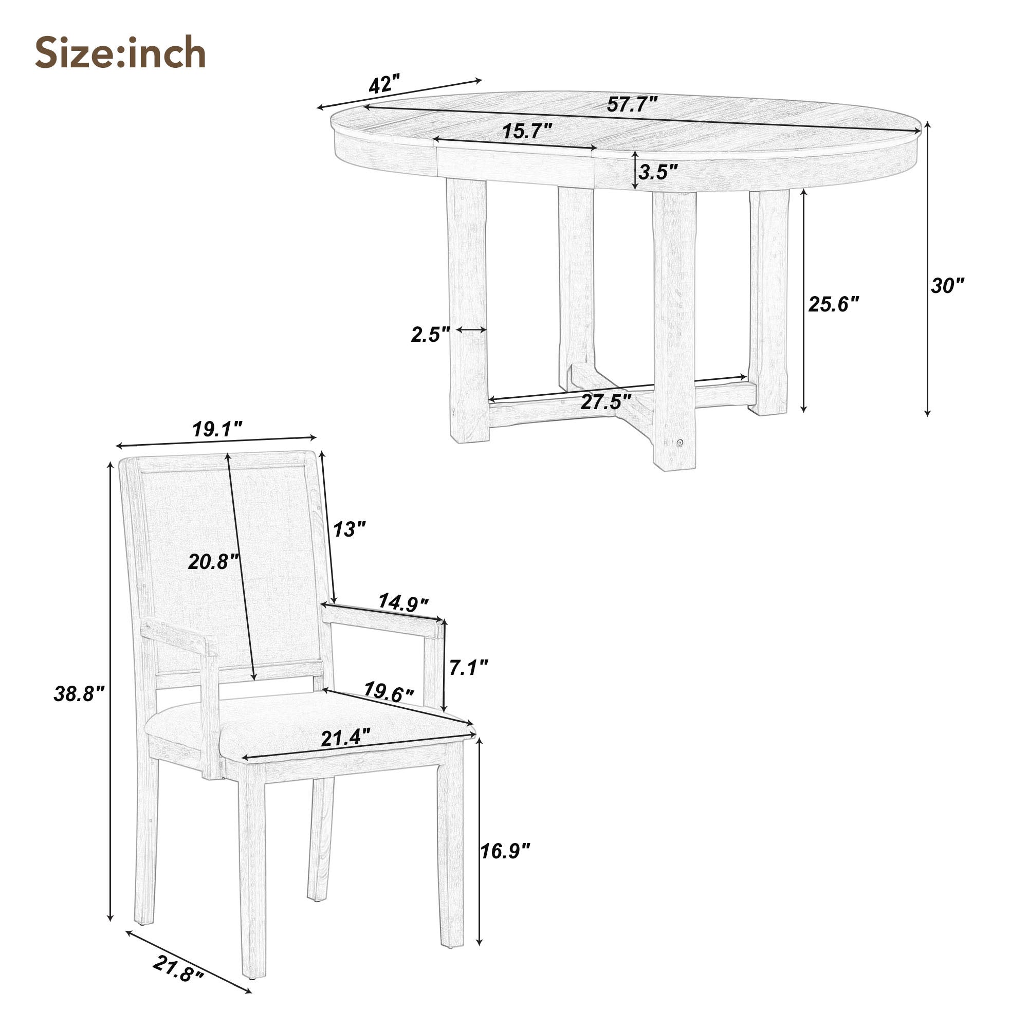 5-Piece Dining Table Set, Two-Size Round To Oval Extendable Butterfly Leaf Wood Dining Table and 4  Dining Chairs with Armrests - Natural Wood Wash