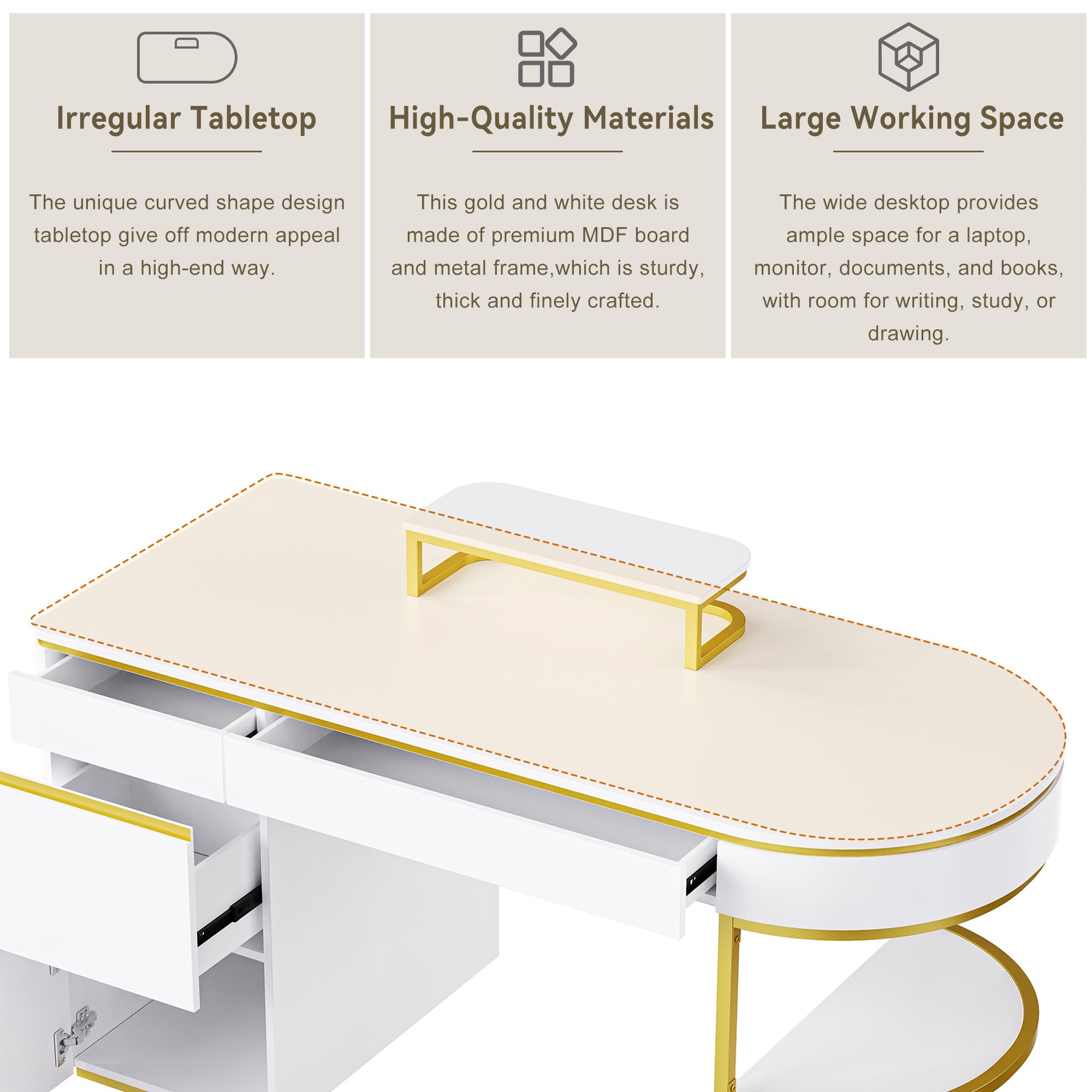 60''Modern Executive Desk,White Curved Computer Desk with Gold Metal Legs,3-Drawers Home Office Desk - Gold+White