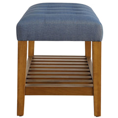 Light Blue and Oak Tufted Padded Seat Bench