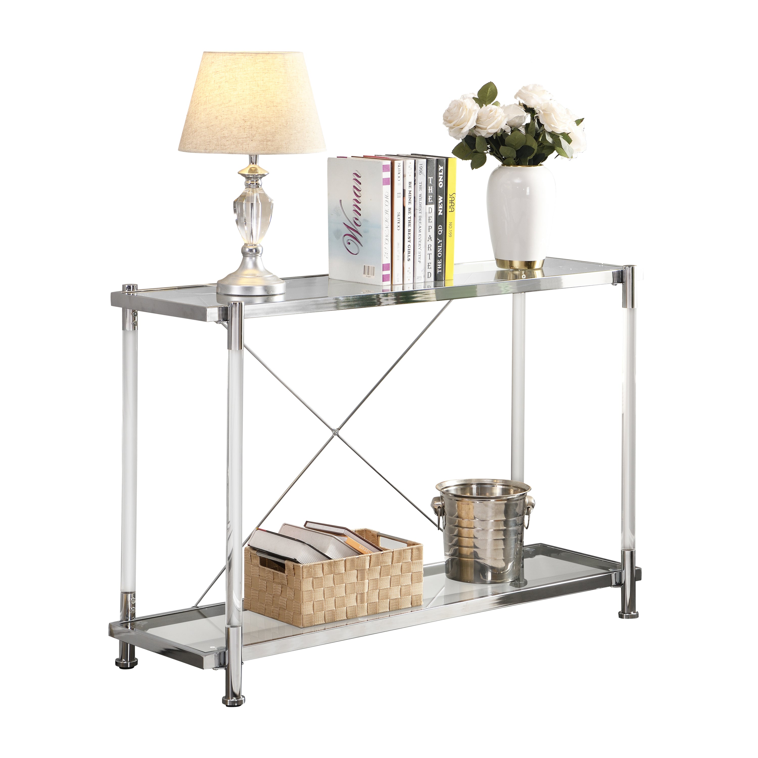 43.31'' Chrome Glass Sofa Table, Acrylic Side Table, Console Table