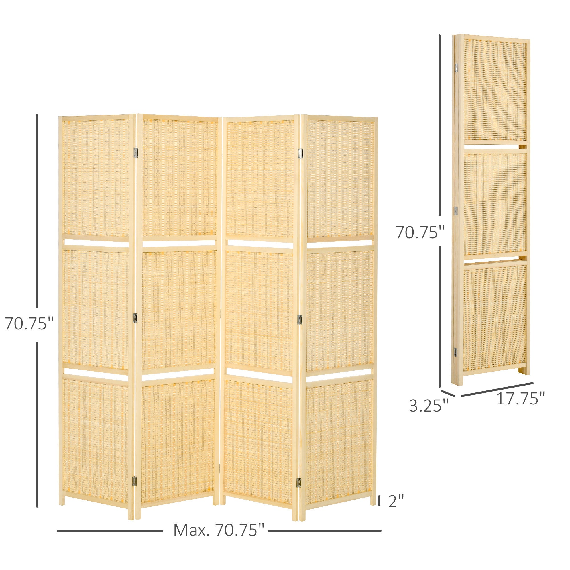 4-Panel Folding Room Divider, 6 Ft Freestanding Bamboo Privacy Screen Panel with Storage Shelves for Bedroom or Office, Natural Wood Color