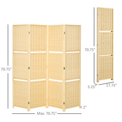 4-Panel Folding Room Divider, 6 Ft Freestanding Bamboo Privacy Screen Panel with Storage Shelves for Bedroom or Office, Natural Wood Color