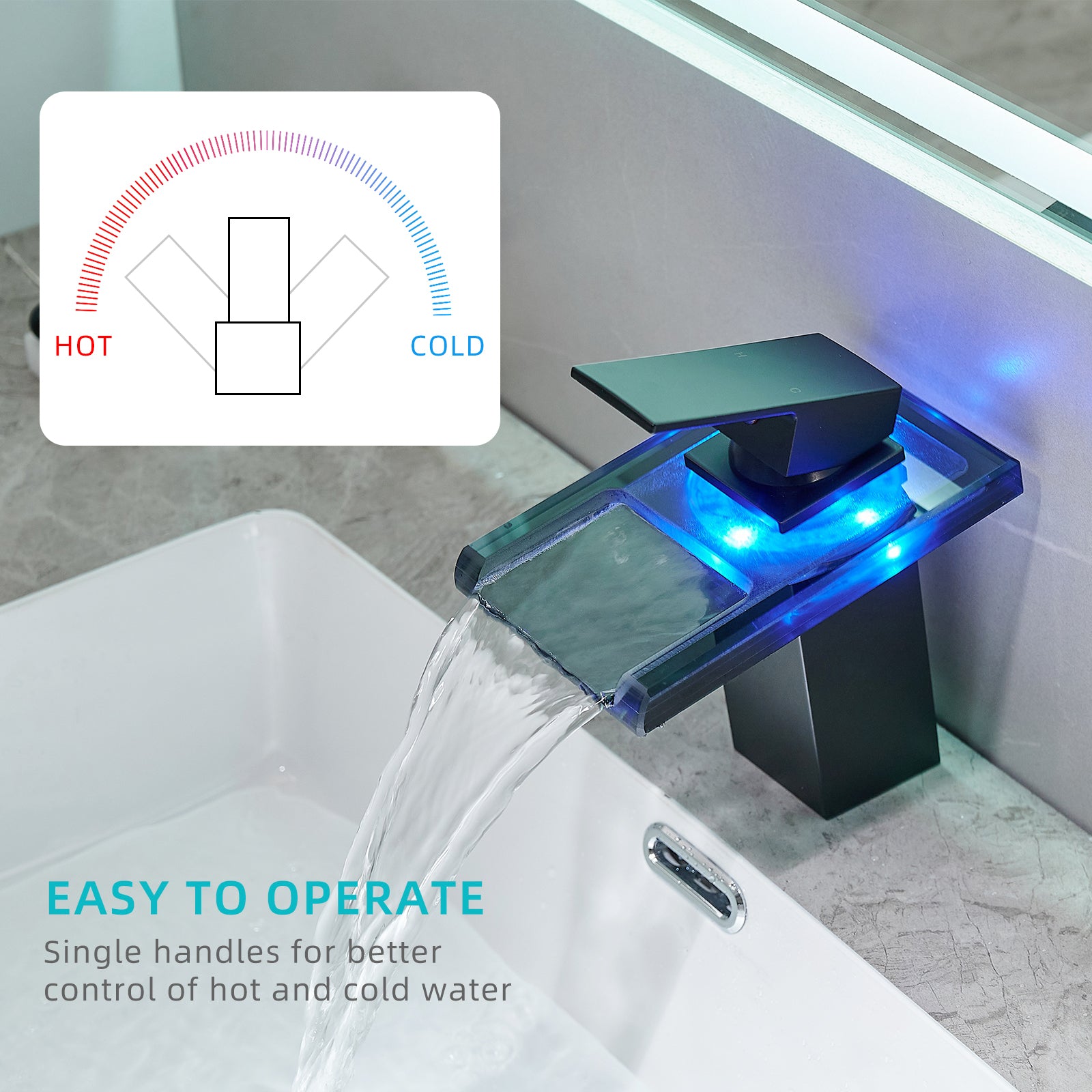 Bathroom Sink Faucet LED Light 3 Colors Changing Waterfall Glass - Black