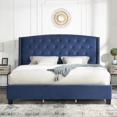 Queen Size Summit Fabric Button Tufted Wingback Upholstered Bed with Nail Head Trim, Blue