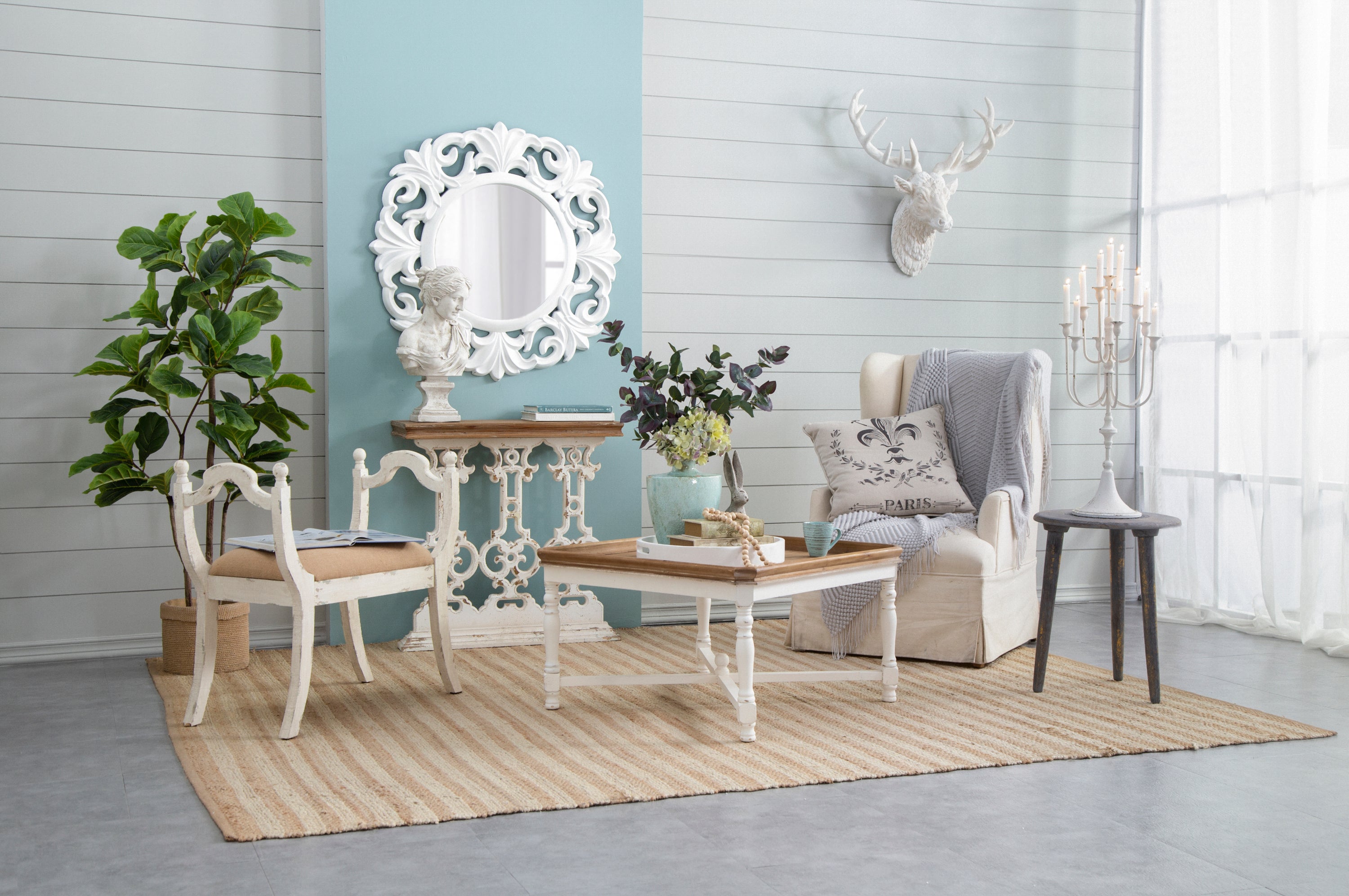 Classic Vintage White Wash Console Table with Brown Wood Top 32"x12"x32"