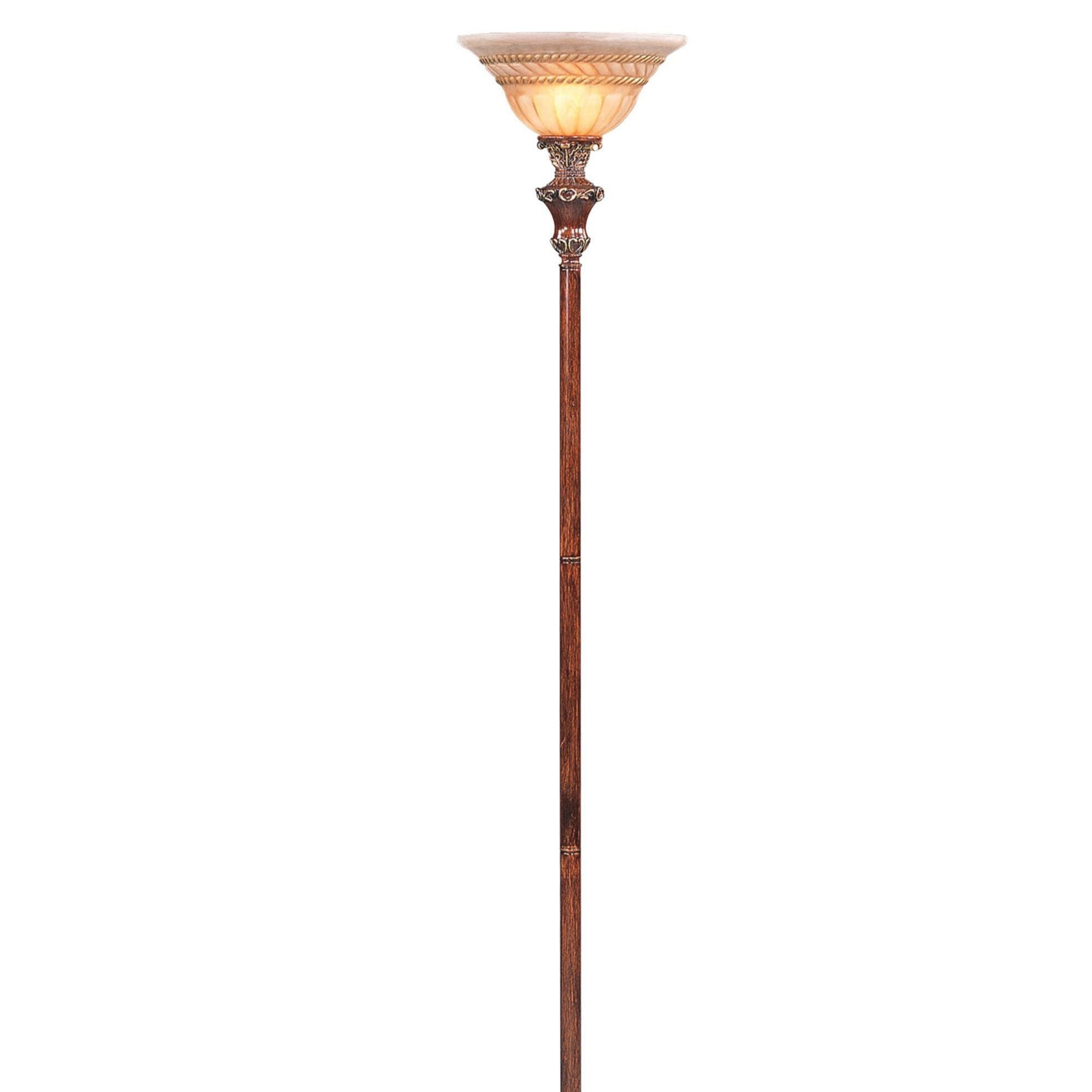 70" Tall Metal Torchiere Floor Lamp with Wooden finish, Glass Shade