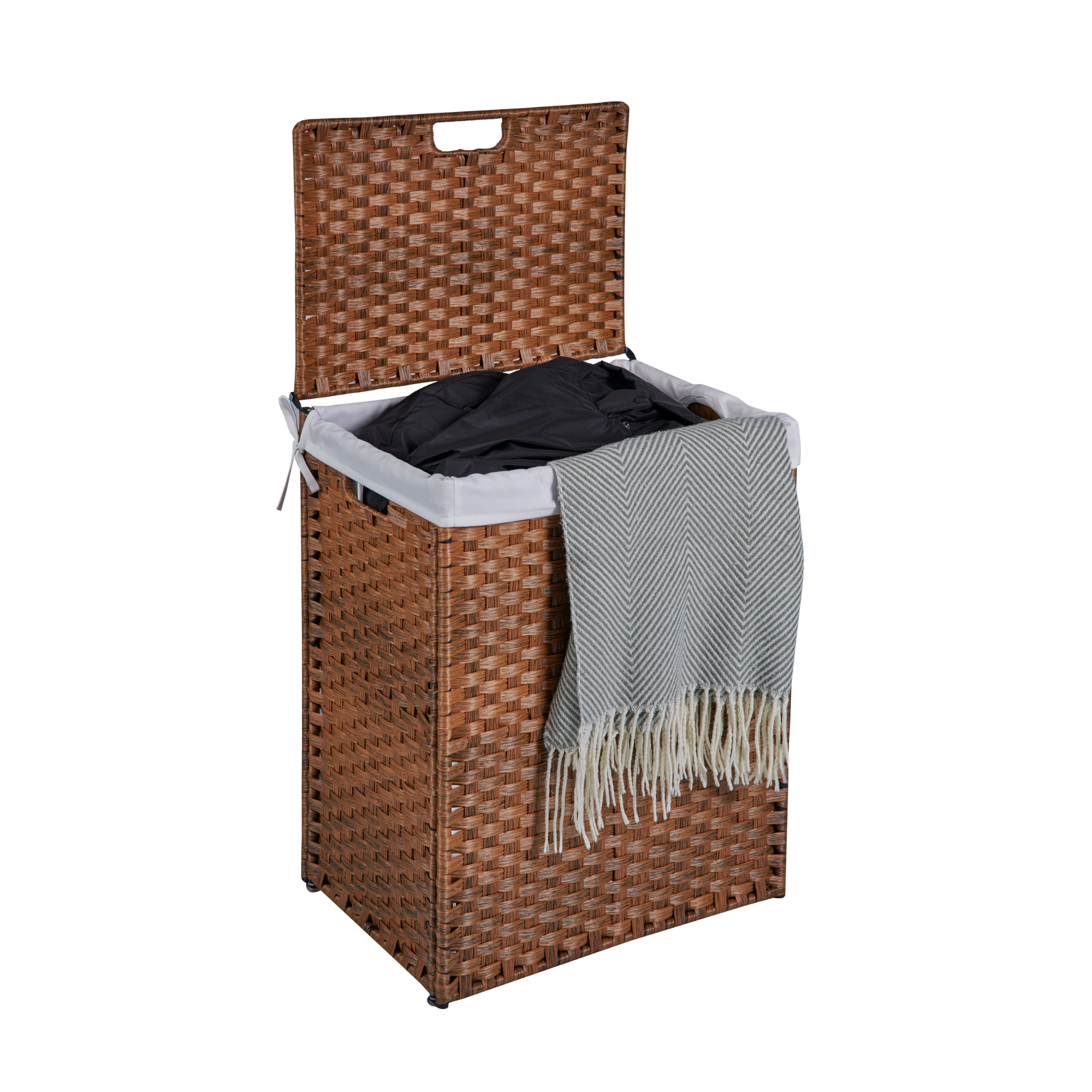 Laundry Hamper With Lid PE Rattan Powder Coating Frame Clothes Hampers with 2 Removable Bags, 100L, Brown Color