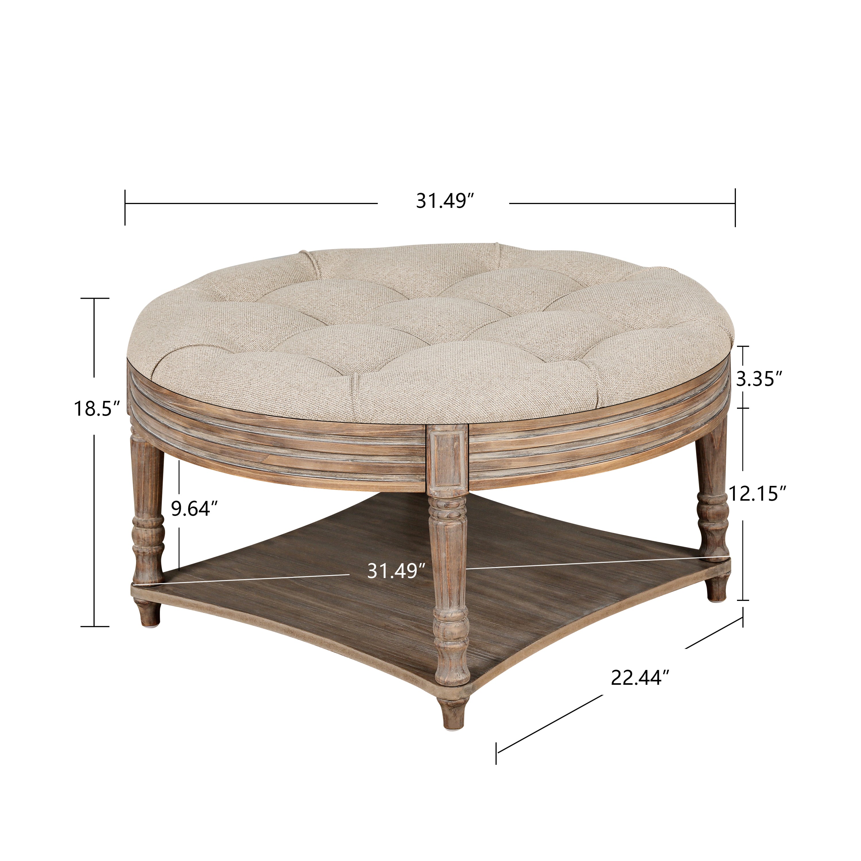 Large Round Ottoman Coffee Table 2 Tier Oversized Button Tufted Ottoman with Wooden Shelf Storage Farmhouse Upholstered Coffee Table Living Room Footstool Ottoman Linen