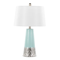 22" Contemporary Table Lamp with Tiffany Blue & Silver Ceramic Body and White Shade