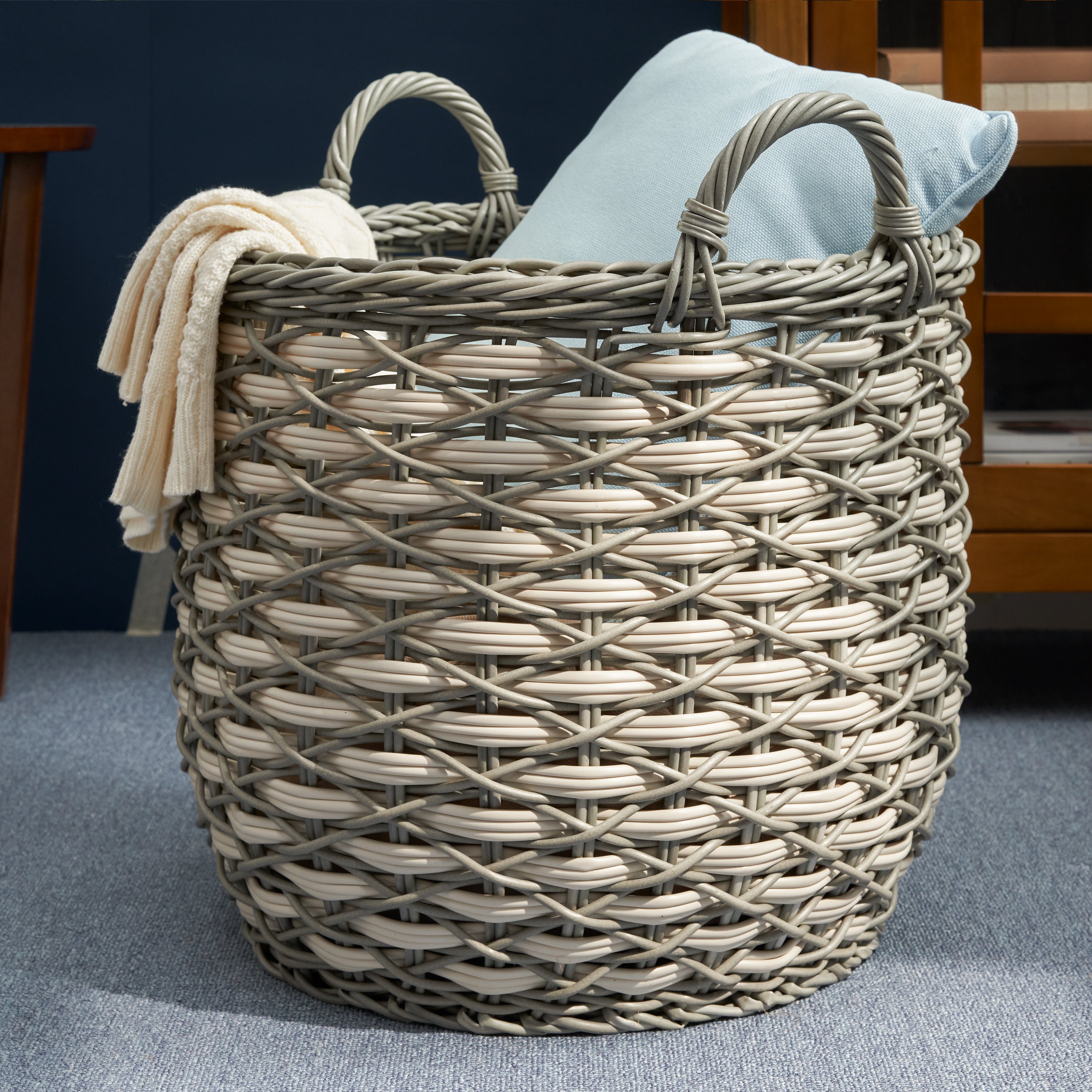 Zita Round Resin Woven Wicker Multi-Use Storage Basket with Handles - 18" x 18" x 19.6" - White-Gray - For Towel, Toys, Magazines Storage and Home Decoration