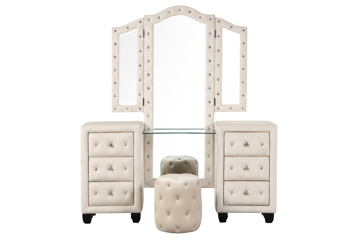 Crystal Tufted Vanity set Made with Wood in Cream