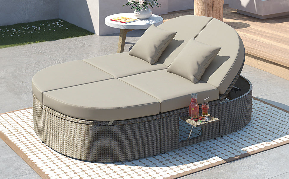 Outdoor Sun Bed Patio 2-Person Daybed with Cushions and Pillows, Rattan Garden Reclining Chaise Lounge with Adjustable Backrests and Foldable Cup Trays for Lawn,Poolside, Gray