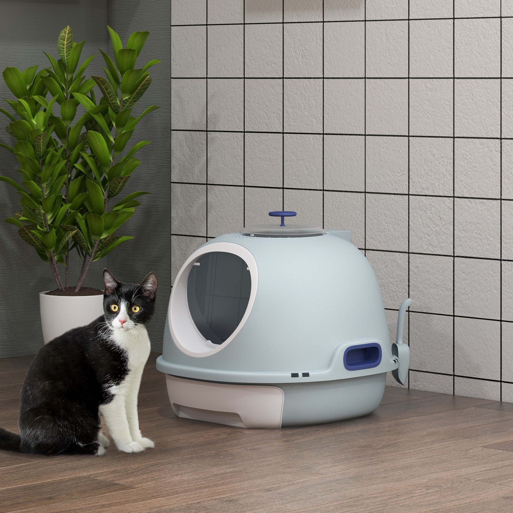 Covered Litter Box, Litter Box with a Lid, Scoop Enclosed Drawer & Skylight for Cats -Blue