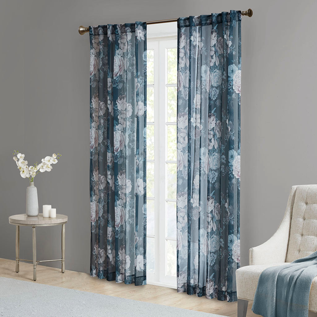 Printed Floral Rod Pocket and Back Tab Voile Sheer Curtain - Navy