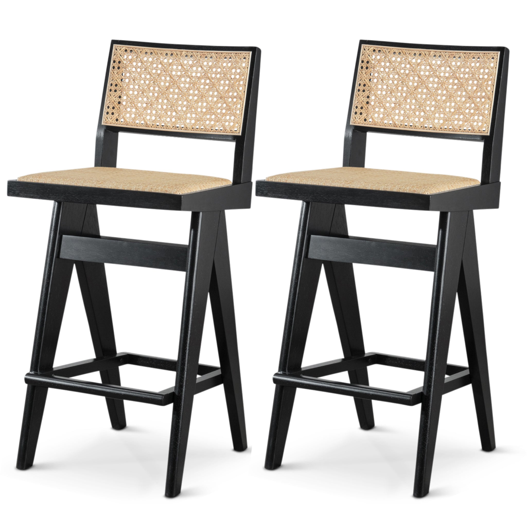 Set of 2 - Rattan Bar Stool with Black Legs