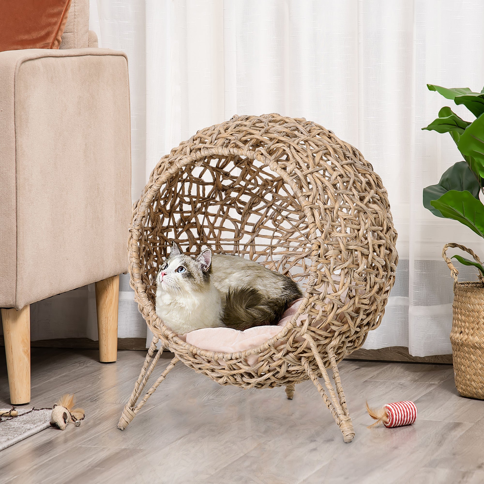 PawHut 20.5" Weaved Cat Bed, Elevated Hand-woven Braided Banana Leaf Kitten House Condo with Cushion - Beige