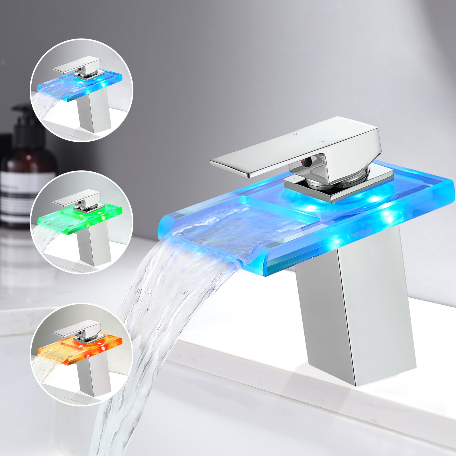 Bathroom Sink Faucet LED Light 3 Colors Changing Waterfall Glass Spout Hot Cold Water Mixer Single Handle Faucet Black