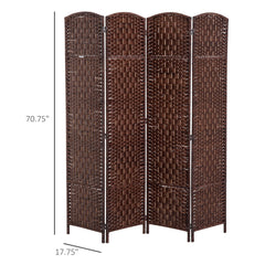 6' Tall Wicker Weave 4 Panel Room Divider Privacy Screen - Brown