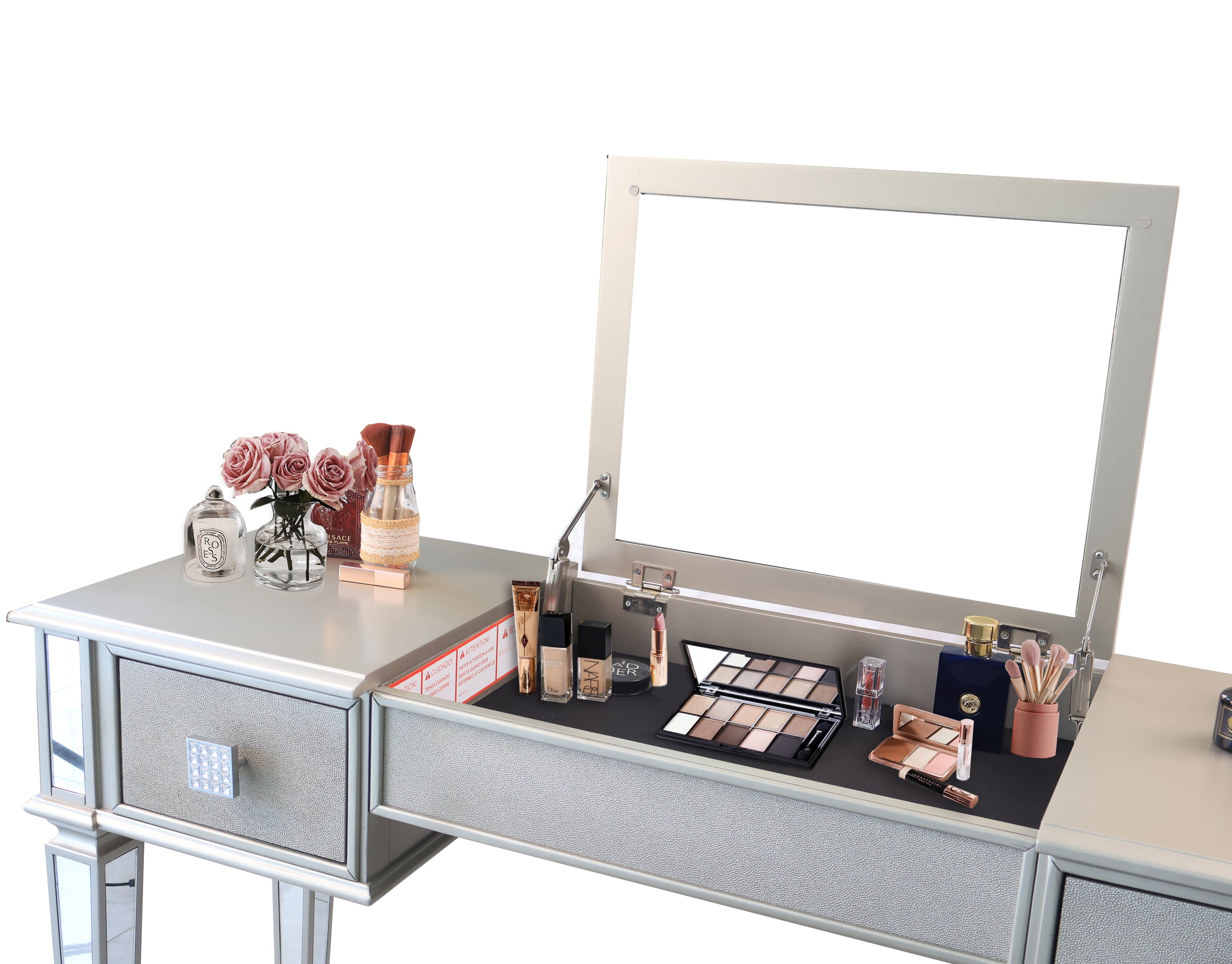 Mirrored Vanities Desk with Drawers, Bedroom Makeup Vanity Table Set with Mirror and Stool - Silver