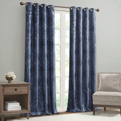Knitted Jacquard Paisley Total Blackout Grommet Top Curtain Panel - Navy