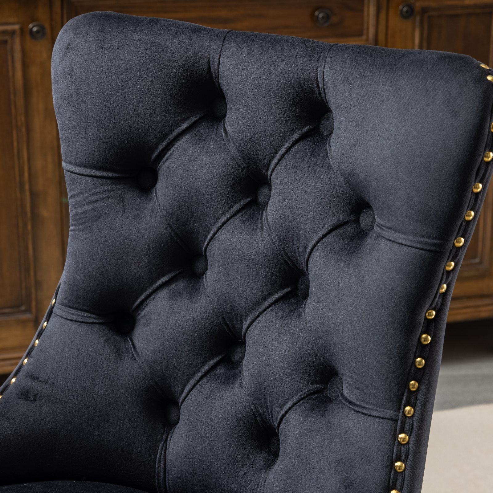 Velvet Upholstered Tufted Button Home Office Chair with Golden Metal Base, Adjustable Desk Chair Swivel Office Chair - Black