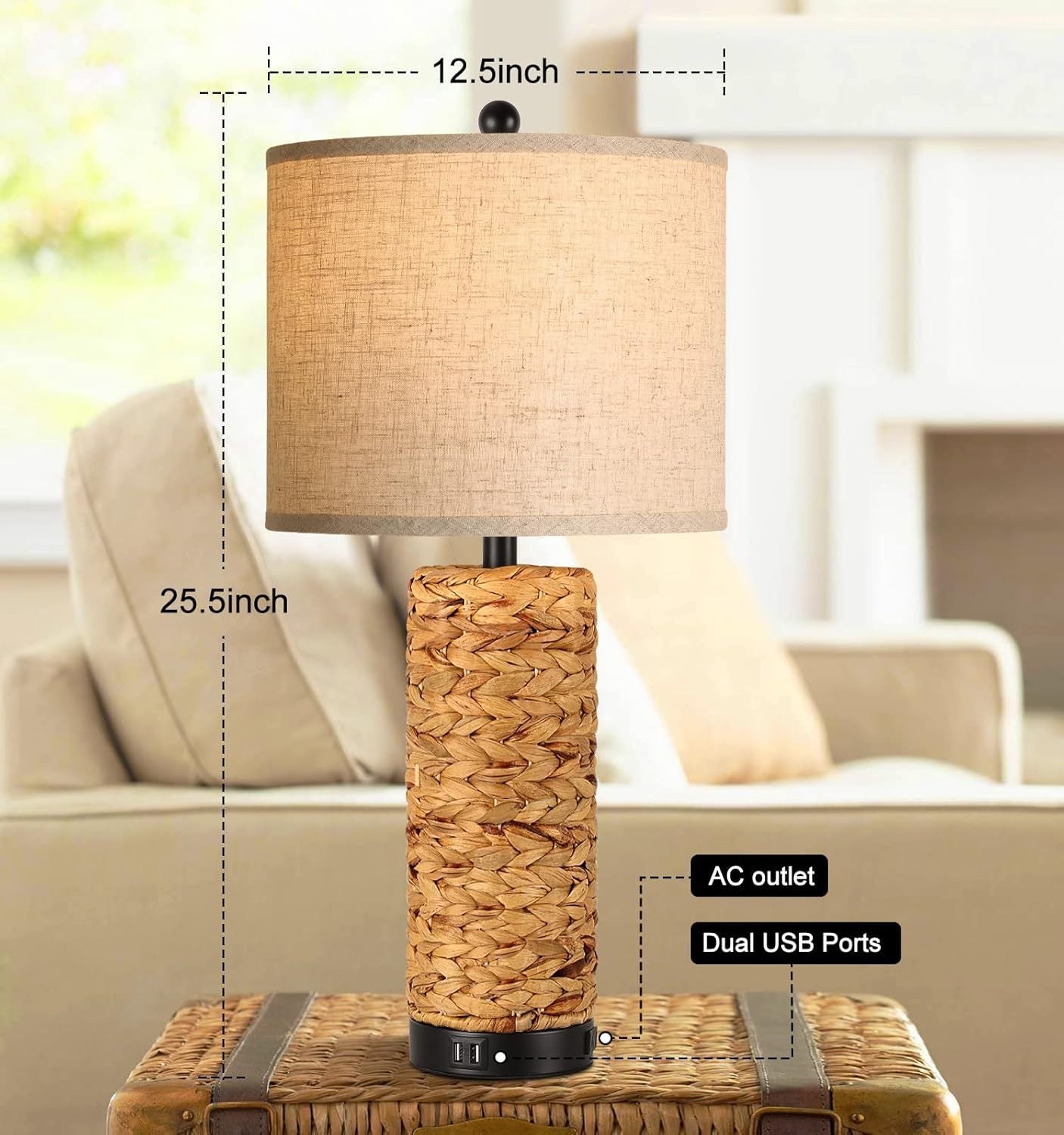 26"H Table Lamps 3 Way Dimmable Modern Farmhouse Nightstand Lamps Coastal Sea Grass Bedside Lamps with 2 USB Ports and 1 AC Outlet, 2700K LED Bulbs Included