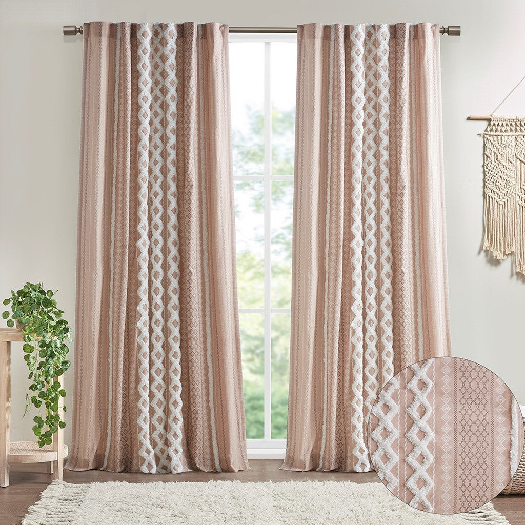 Cotton Printed Curtain Panel with Chenille Stripe and Lining - Blush Beige