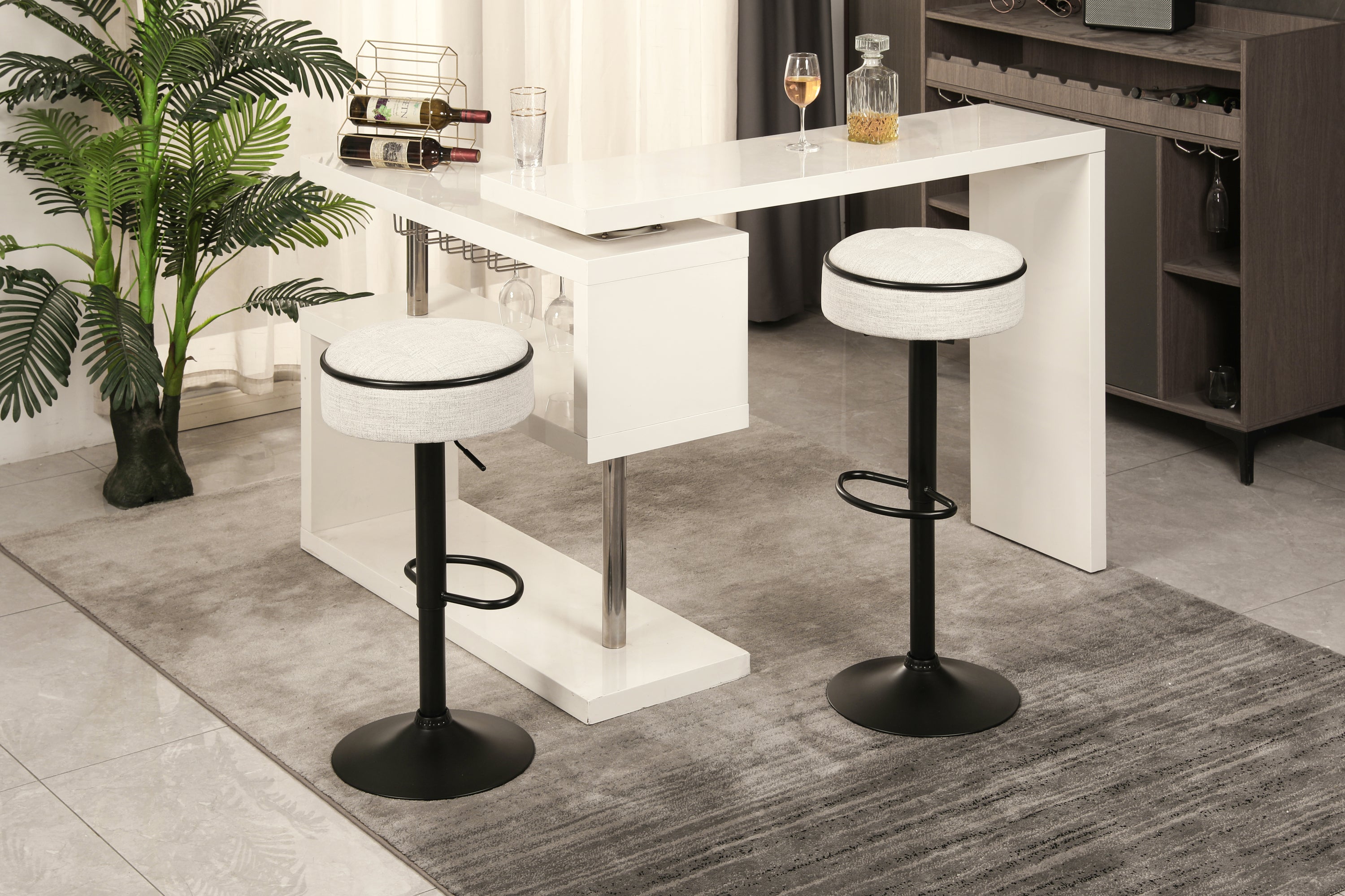 Set of 2 Round Storage Bar Stool, Off White Linen Height Adjustable Barstool, 360°Counter Height Swivel Stool