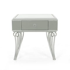 Mirrored Silver End Table Nightstand with 1 drawer for Bedroom or Living Room