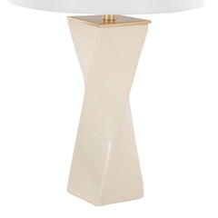 Contemporary 27" Table Lamp in Cream Ceramic, Gold Metal, and White Linen