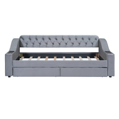 Twin Size Upholstered Daybed with Storage Armrests and USB Port - Gray