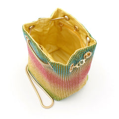 Crystal Rainbow Gradient Evening Bucket Bag, Rhinestone Crossbody Purse, Gold Chain Strap