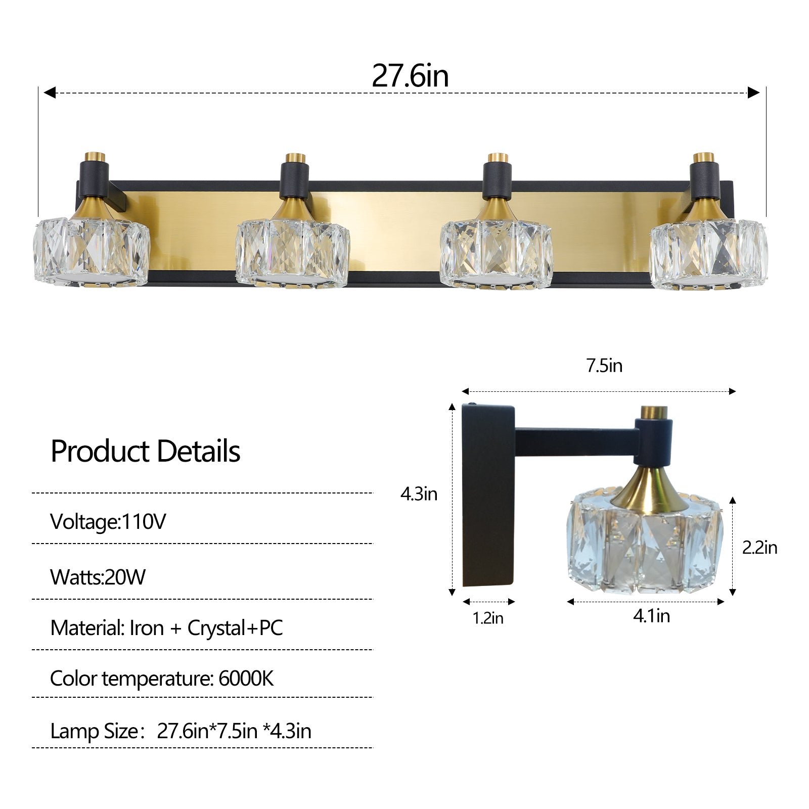 LED 4-Light Modern Crystal Bathroom Vanity Light Over Mirror Bath Wall Lighting Fixtures