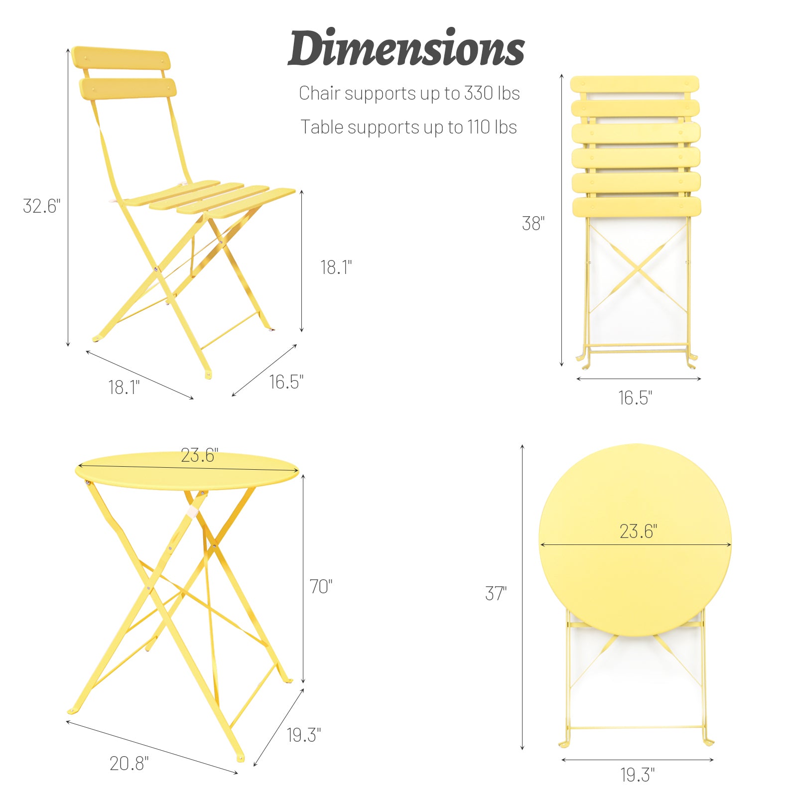 3 Pieces Patio Bistro Balcony Metal Chair Table Set Yellow