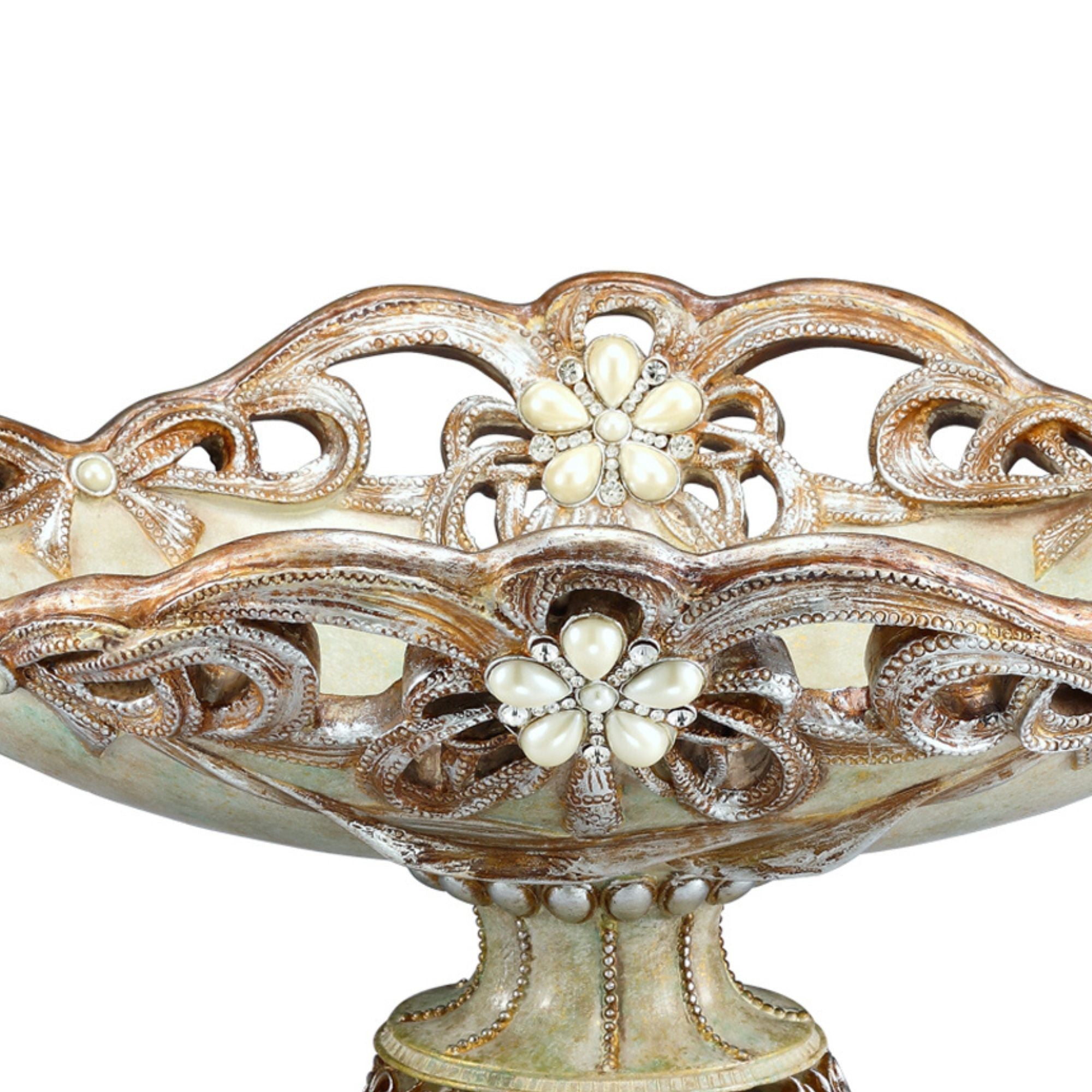 9" Tall Polyresin Decorative Fruit Bowl, Vintage Rose Design