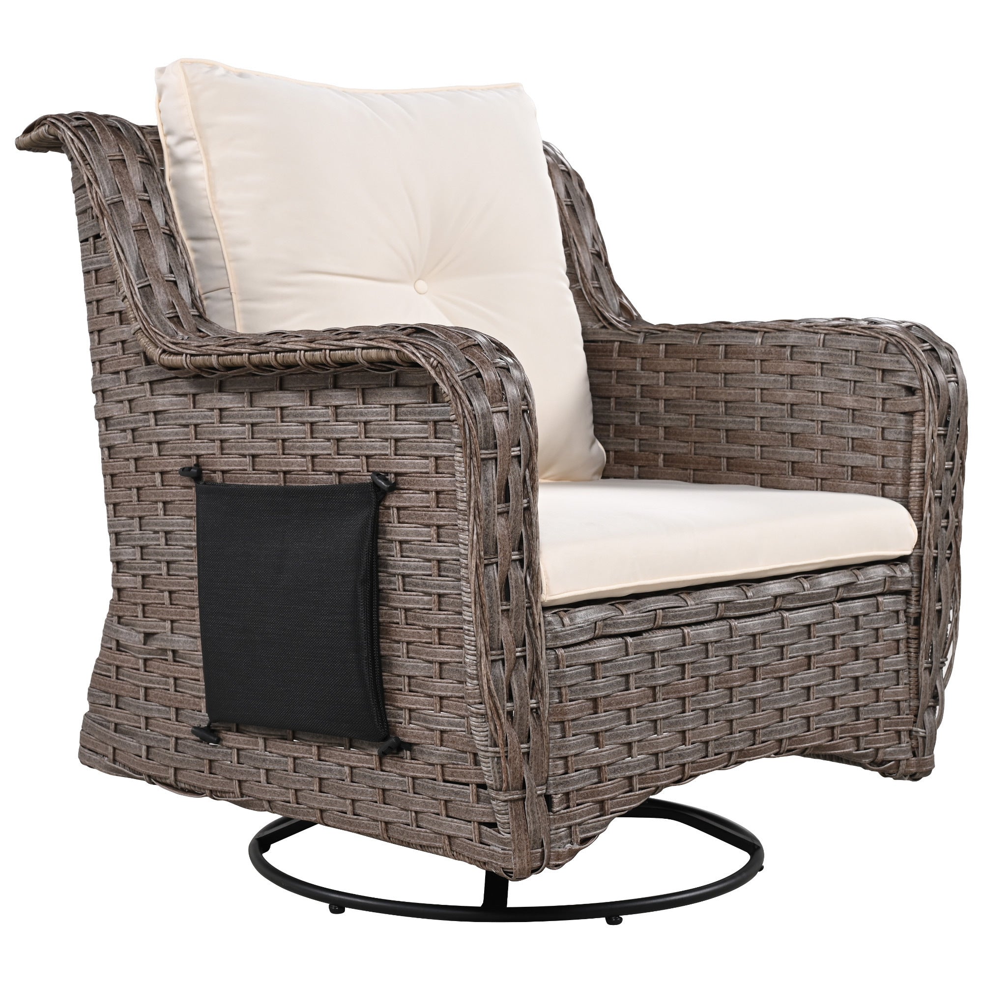 5 Pieces Outdoor Patio Furniture Set with Pet House Cool Bar and Retractable Side Tray, Rattan Wicker Patio Swivel Rocking Chairs Set of 2 with Ottomans - Beige